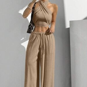 Shein EZwear Natural Color Linen Blend Halter Crop Set - Size Small (4)
